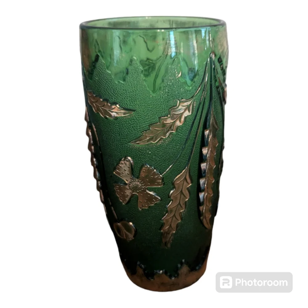 Antique 1899 EAPG USA Glass Co Emerald Green Gold #15065  Delaware Pattern Vase